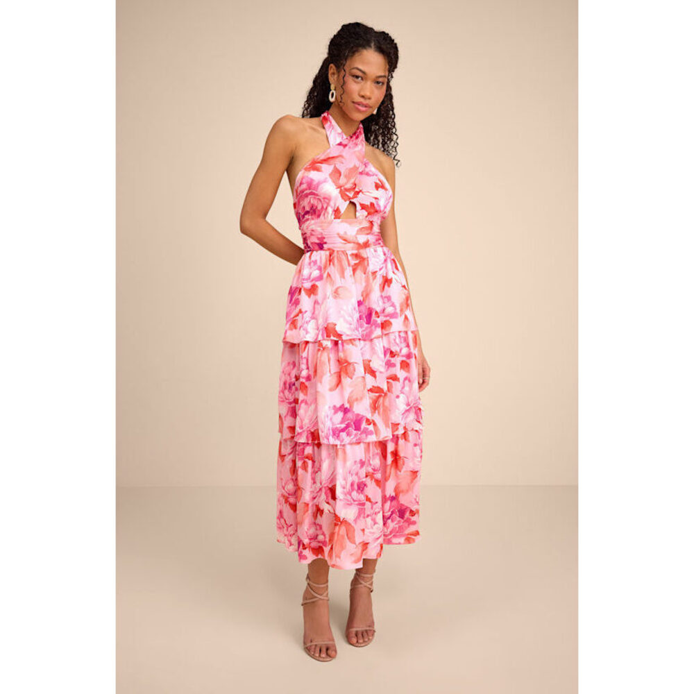 Lulus Ashlyn Pink Floral Tiered Midi Dress - Size L